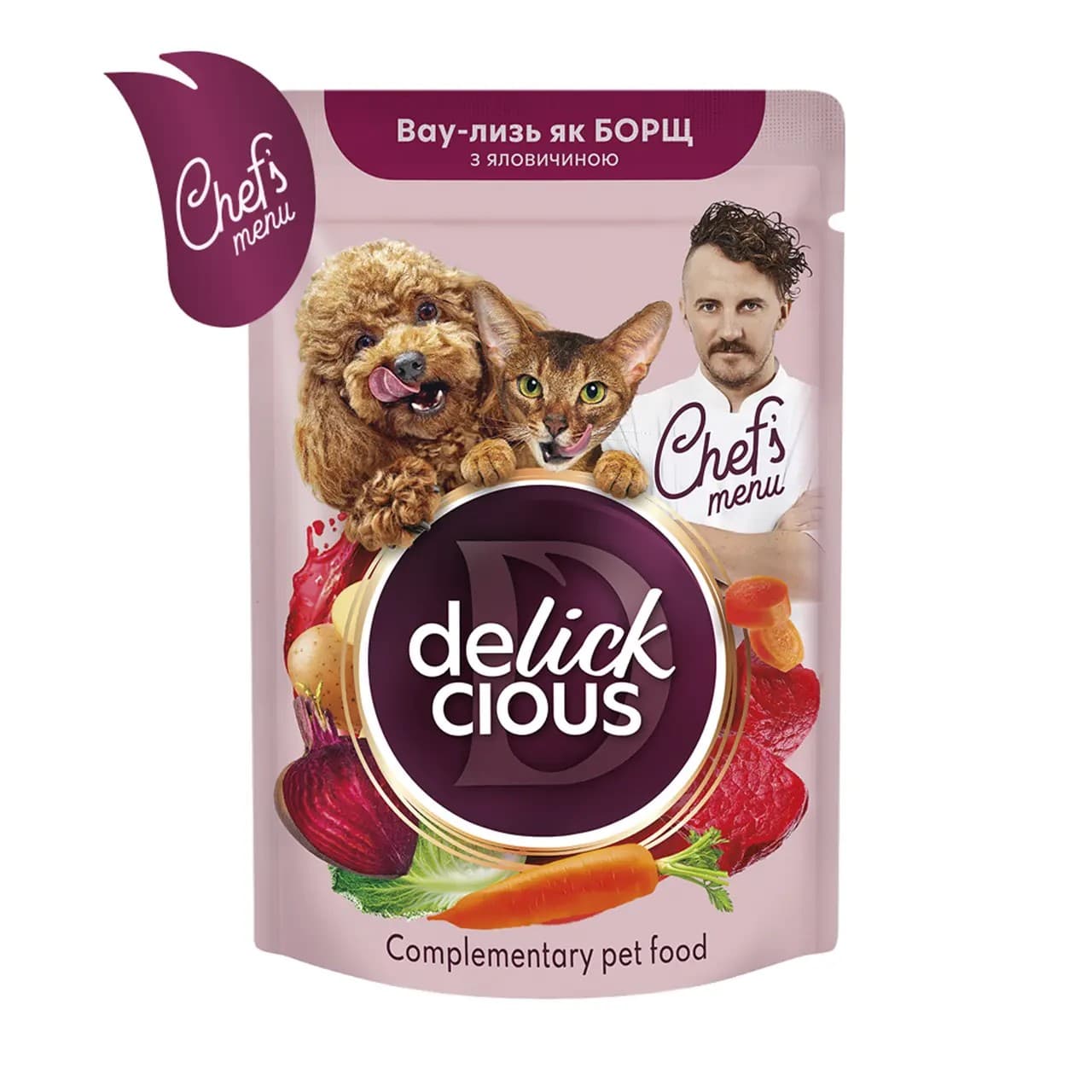 Вологий корм Delickcious для дорослих котів та собак борщ з яловичиною, буряком та морквою у соусі 85 г