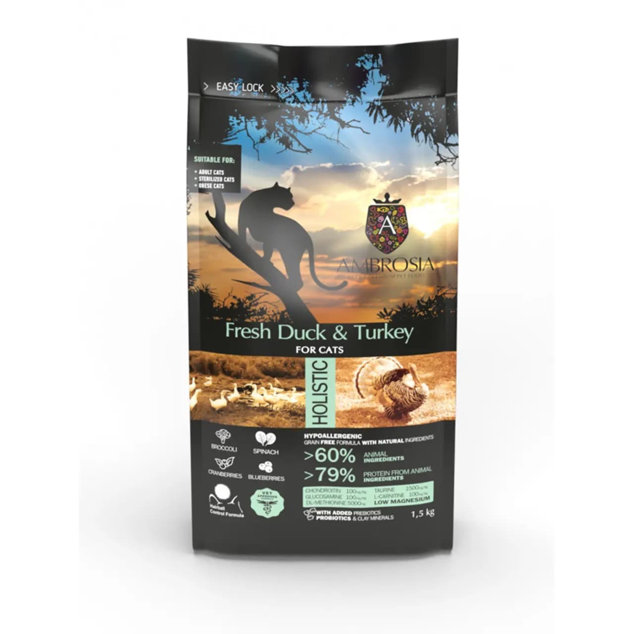 Сухий корм Ambrosia Grain Free зі свіжою качкою та індичкою для літніх та стерилізованих кішок 1.5 кг