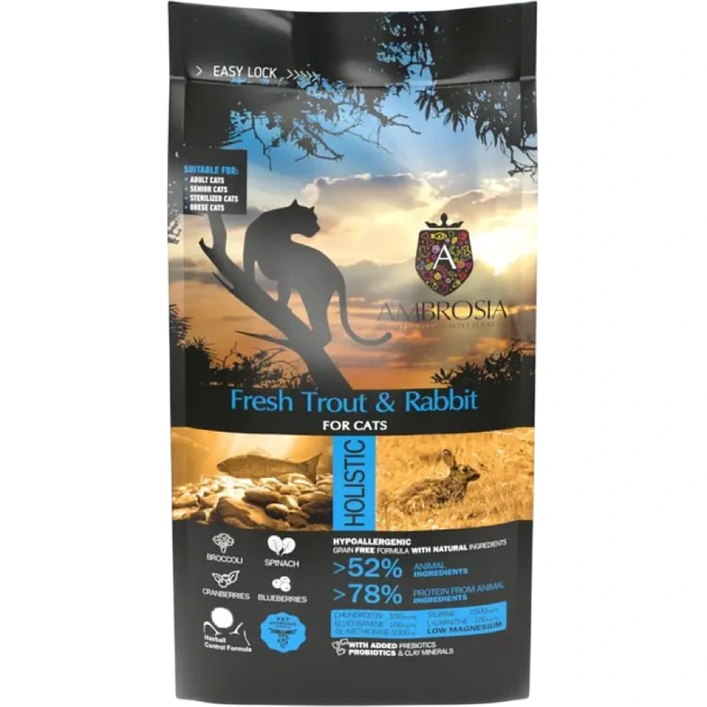 Сухий корм Ambrosia Grain free зі свіжою фореллю та кроликом для літніх та стерилізованих кішок 1,5кг