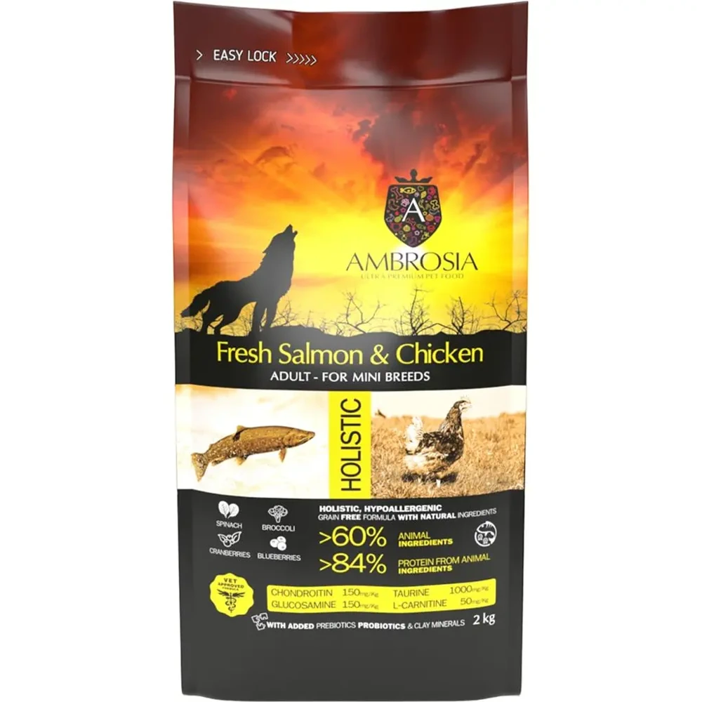 Сухий корм Ambrosia Grain Free для дорослих собак малих порід зі свіжою куркою та лососем 2 кг