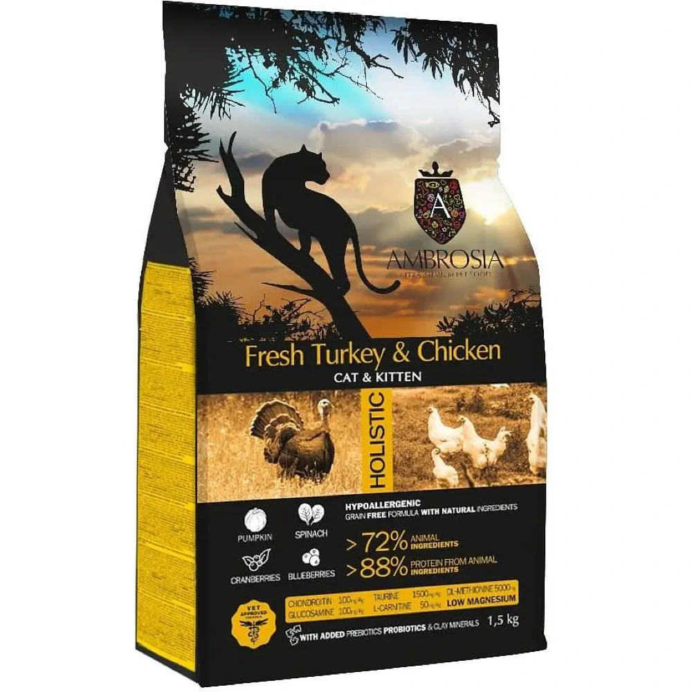 Сухий корм Ambrosia Grain Free для кошенят зі свіжою індичкою та куркою 1.5 кг