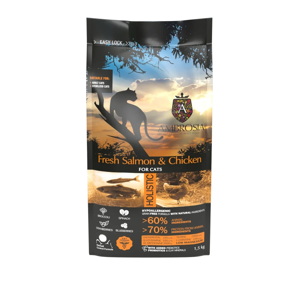 Сухий корм Ambrosia Grain free зі свіжим лососем та куркою для стерилізованих котів 1.5кг