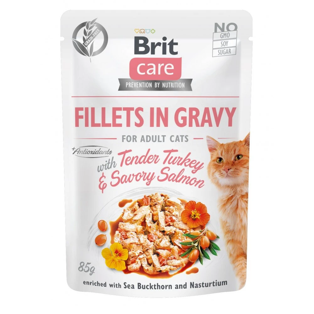 Корм вологий Brit Care Fillets in Gravy Tender Turkey & Savory Salmon для котів філе в соусі з індичкою та лососем 85 г