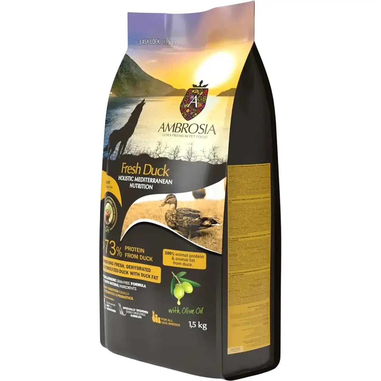 Сухий корм Ambrosia Mediterranean для дорослих собак усіх порід з чутливим травленням з качкою 1.5 кг Сухий корм Ambrosia Mediterranean для дорослих собак усіх порід з чутливим травленням з качкою 1.5 кг