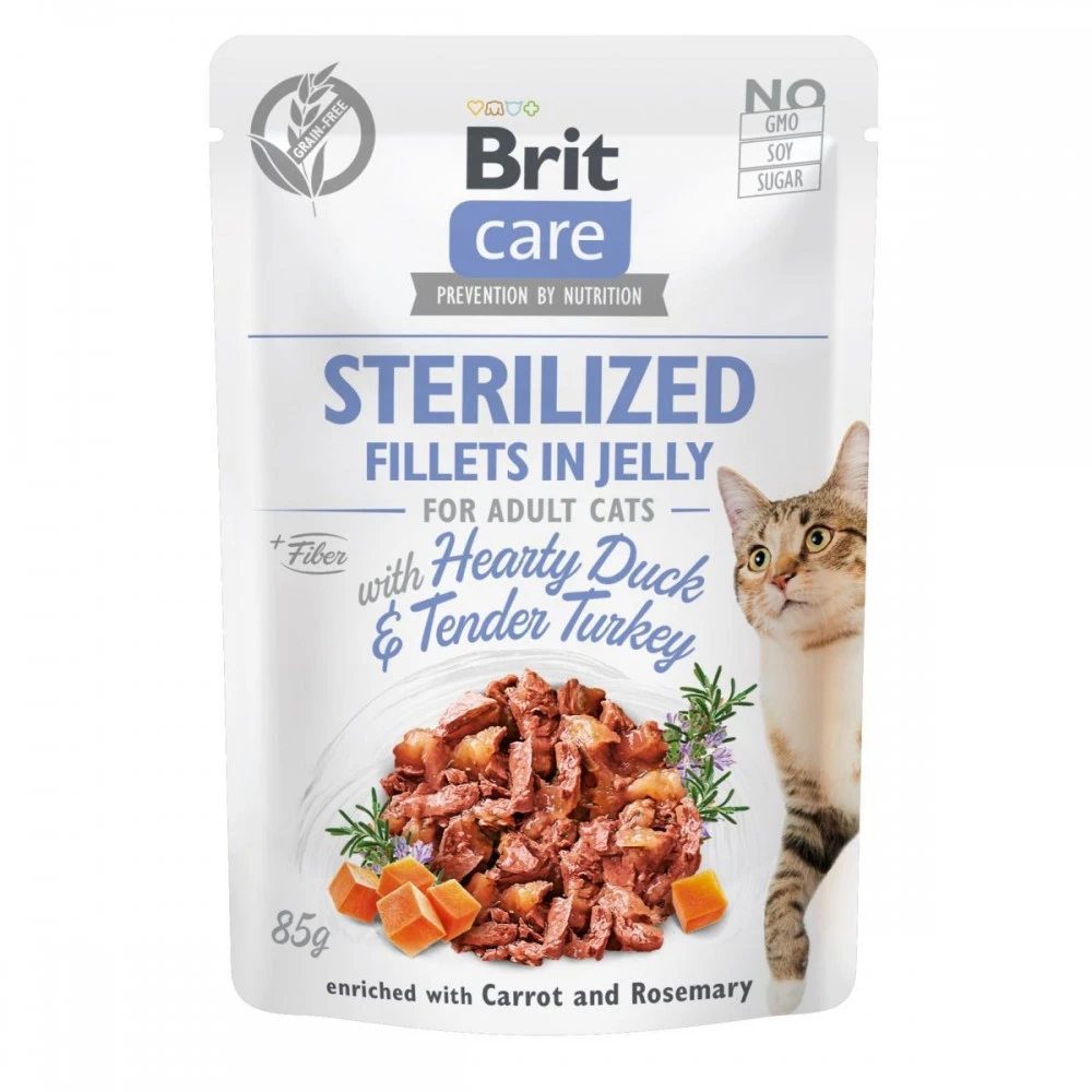 Вологий корм для кастрованих котів Brit Care Adult Sterilised Hearty Duck & Tender Turkey з качкою та індичкою в желе 85 г