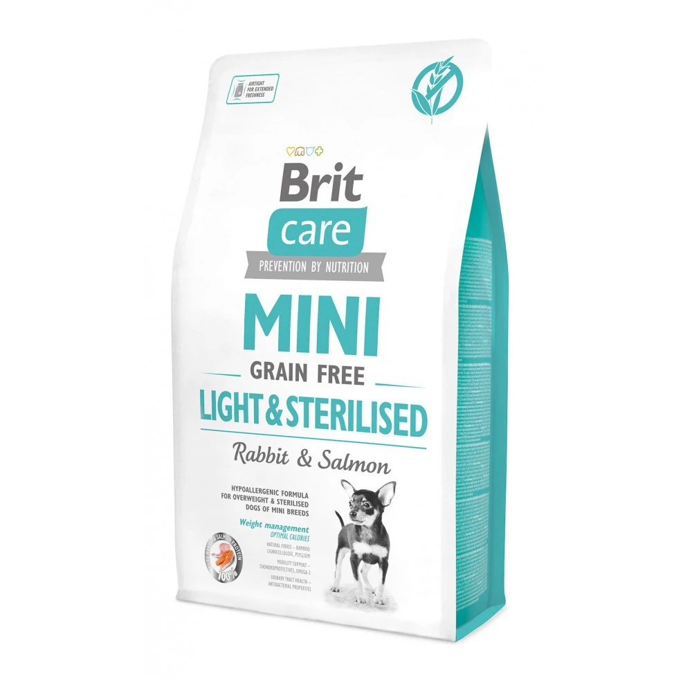 Корм сухий Brit Care Grain Free Mini Light and Sterilised для дорослих собак дрібних порід з зайвою вагою або стерелізований лосось та кролик 2 кг