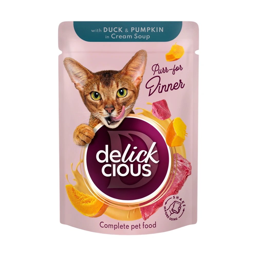 Вологий корм Delickcious шматочки з качкою, курячим філе і шпинатом в соусі 85 г