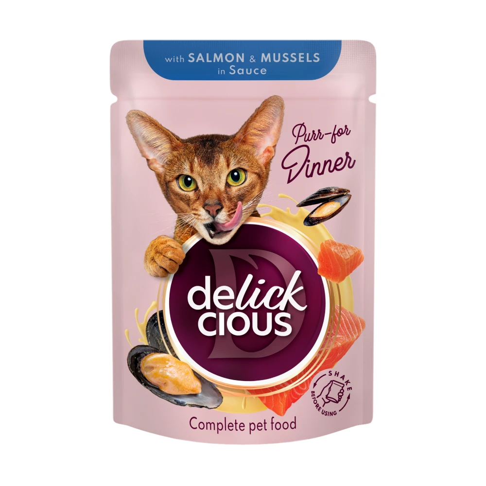 Вологий корм Delickcious шматочки з лососем і мідіями в соусі 85 г