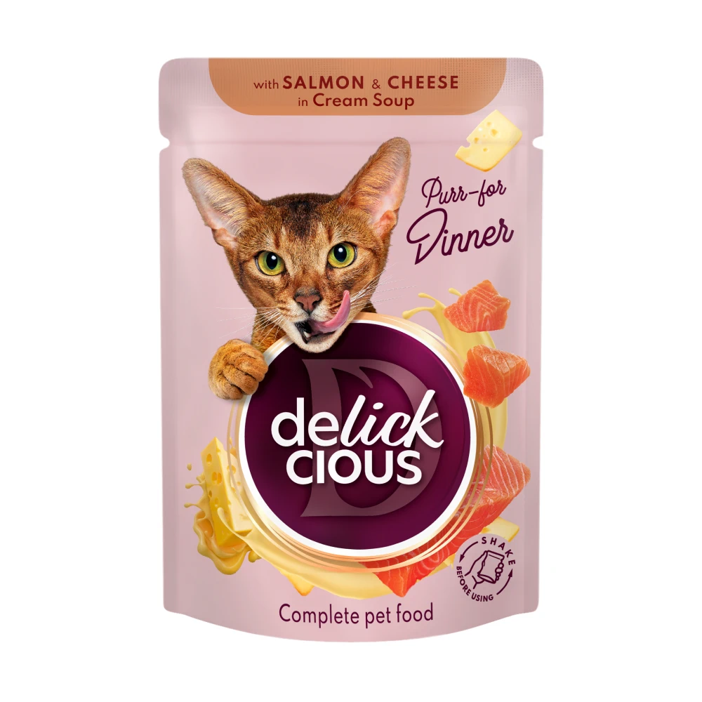 Вологий корм Delickcious смужки з лососем та сиром в крем-супі 85 г
